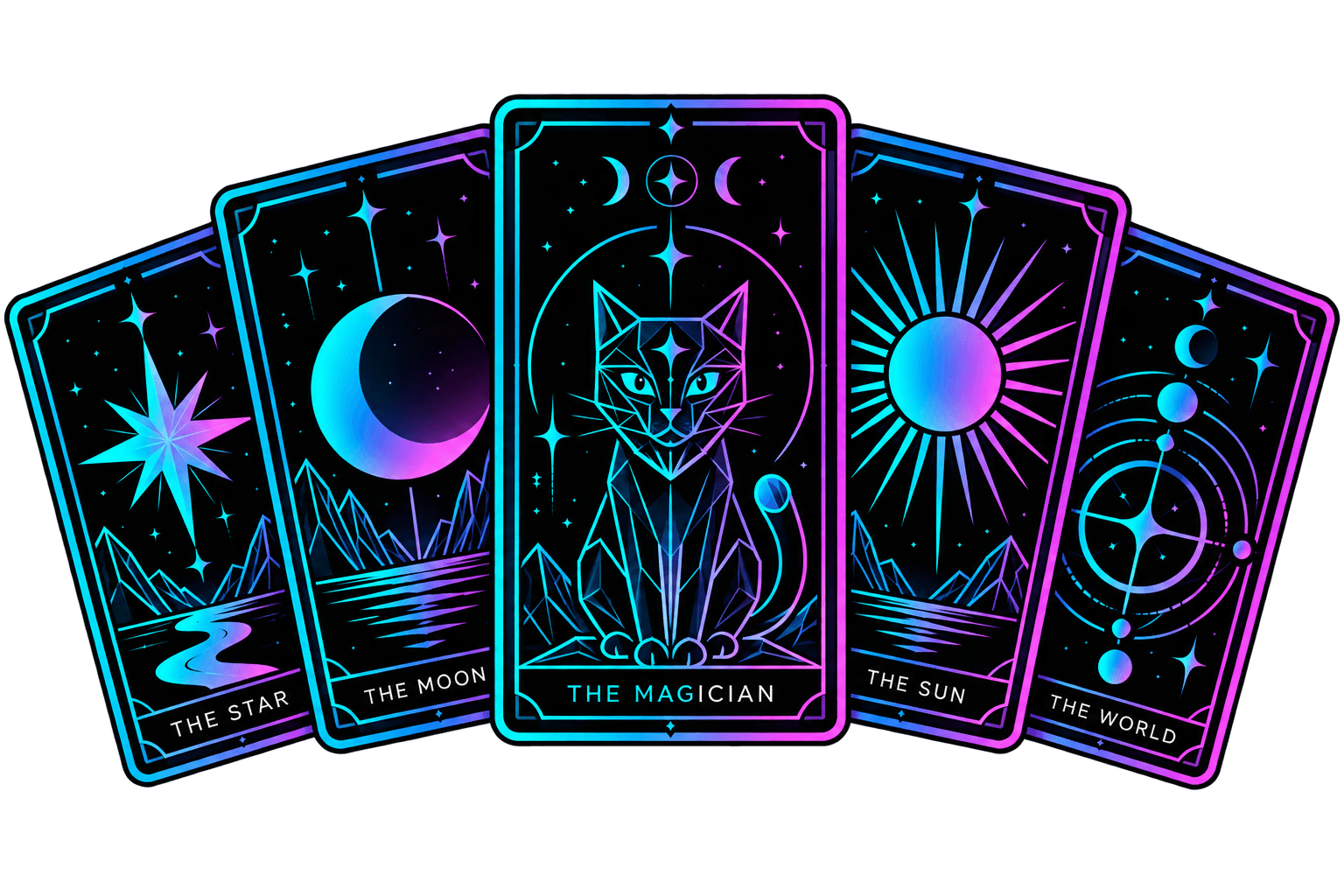 Five neon tarot cards with a geometric cat on the central Magician card